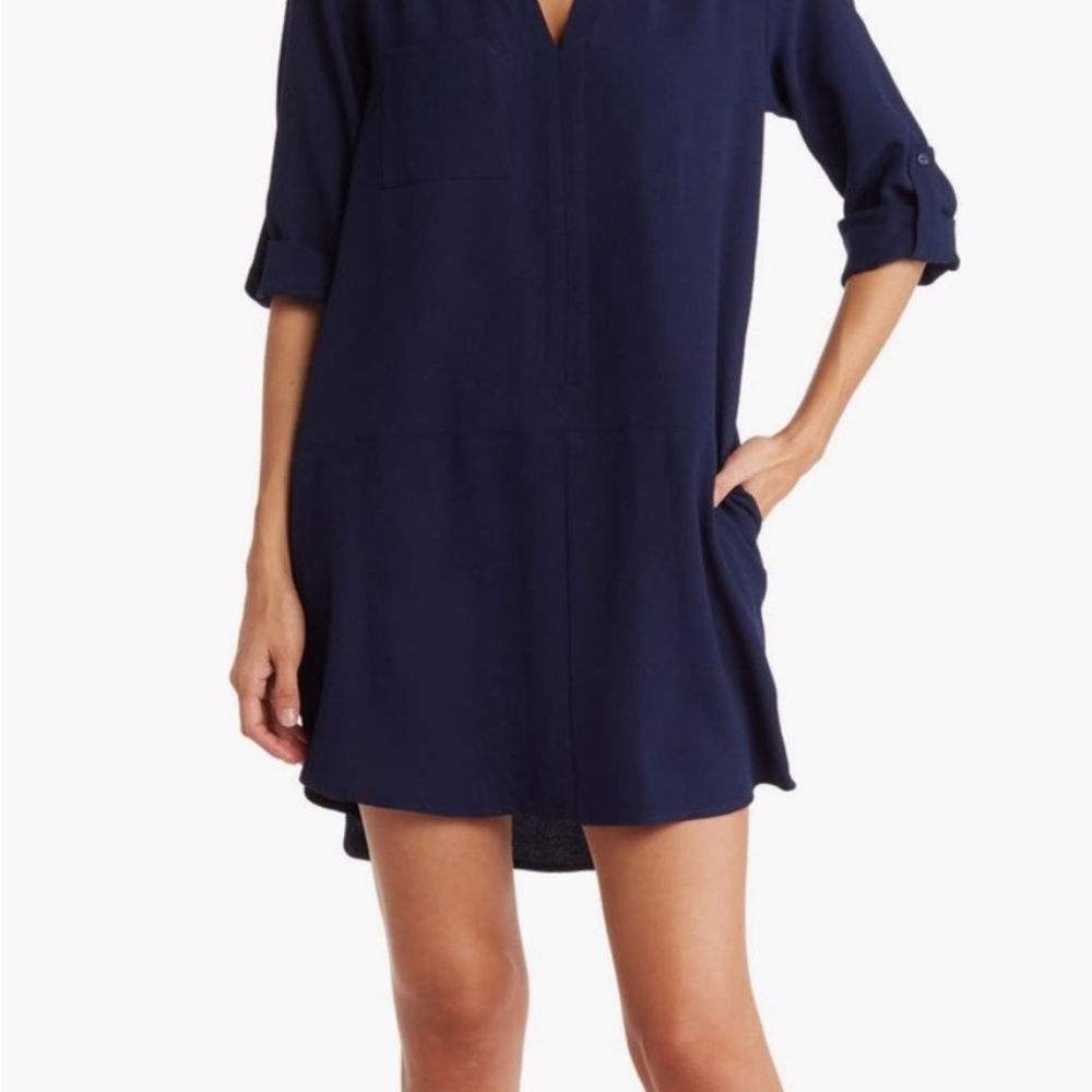 Lush Novak Split Neck 3/4 sleeve Navy Mini Dress with pockets NWT - Small